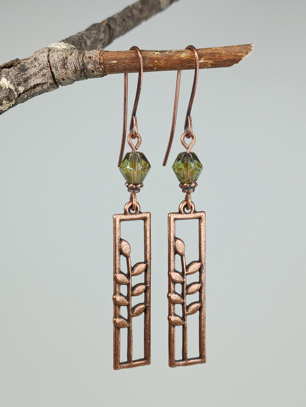 Moss Green Czech Glass Copper Botanical Leaf Earrings Hand Crafted - Picture 3 of 6